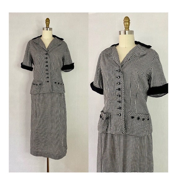 1940s Black and White Gingham Skirt and Blouse Set