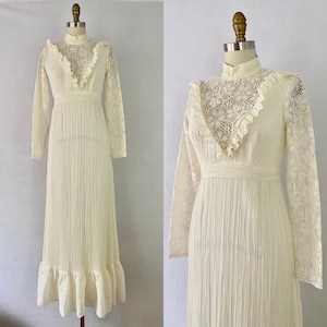 1970s Vintage Cotton Gauze and Lace Ivory Boho Wedding Dress