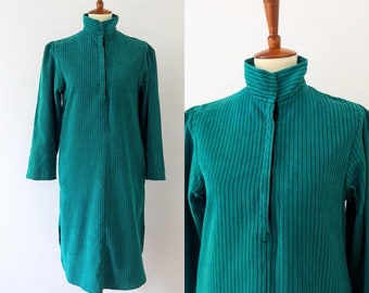 ca. 1980s-90s Green Pinstripe Corduroy Long Sleeve Dress