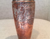 Antique or Vintage Japanese Vase Copper with Silver Inlaid Dragon Design. Y. in Yacht Yamatogumi Antimony Ware. 6 1 2 quot tall.