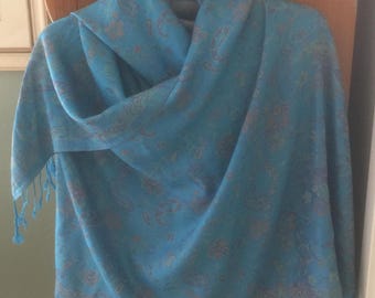 Vintage Wrap Around Shawl or Scarf.  Turquoise with Subtle Designs and Swirls in Yellow, Burgundy, and Apricot.  Turquoise Fringe.