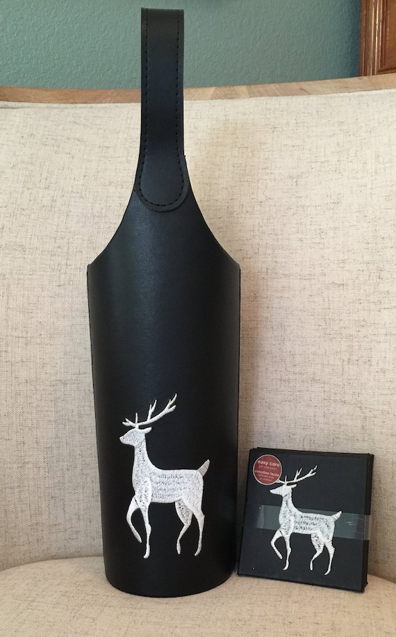 Vintage Black Leather Wine Tote with White Stag Em