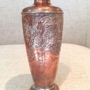 Antique or Vintage Japanese Vase Copper with Silver Inlaid Dragon Design.  Y. in Yacht Yamatogumi Antimony Ware.  6 1/2 " tall.