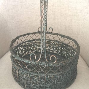 Vintage Woven Metal Copper and Green Large Round Basket with Handle.  Circa 1990s