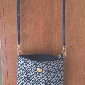 Vintage Tommy Hilfiger Crossbody Bag or Handbag.  Navy and White with Gold Tone Accents.  Circa 2001