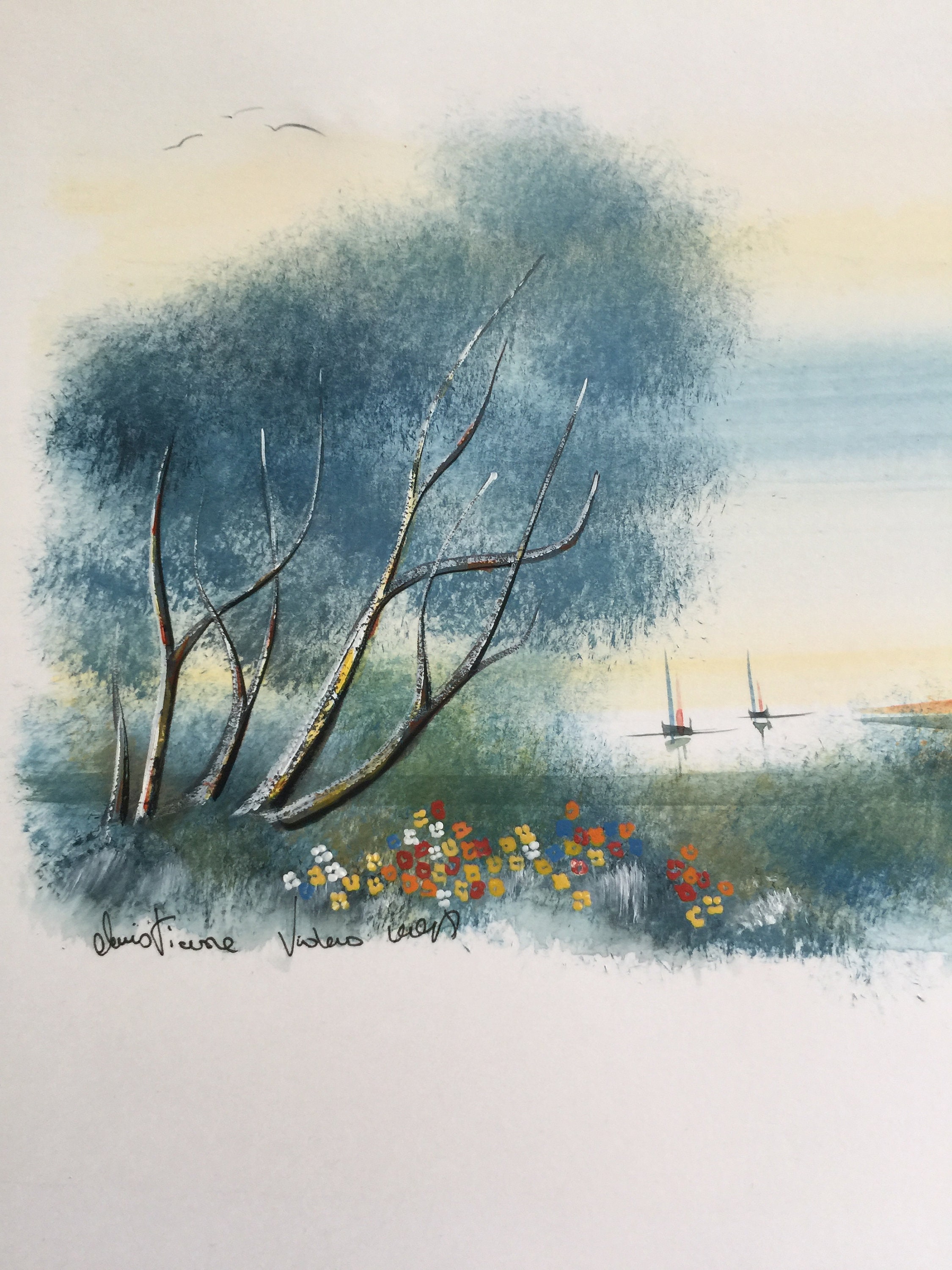 Vintage 1980s Pair of French Watercolor Paintings River Scenes