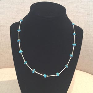 Vintage Silver Tube and Turquoise bead Necklace.  13 Turquoise Beads.  Circa 1980s