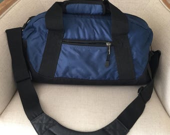 Vintage Navy Nylon Zippered Duffle Bag, Navy, with Shoulder Strap.