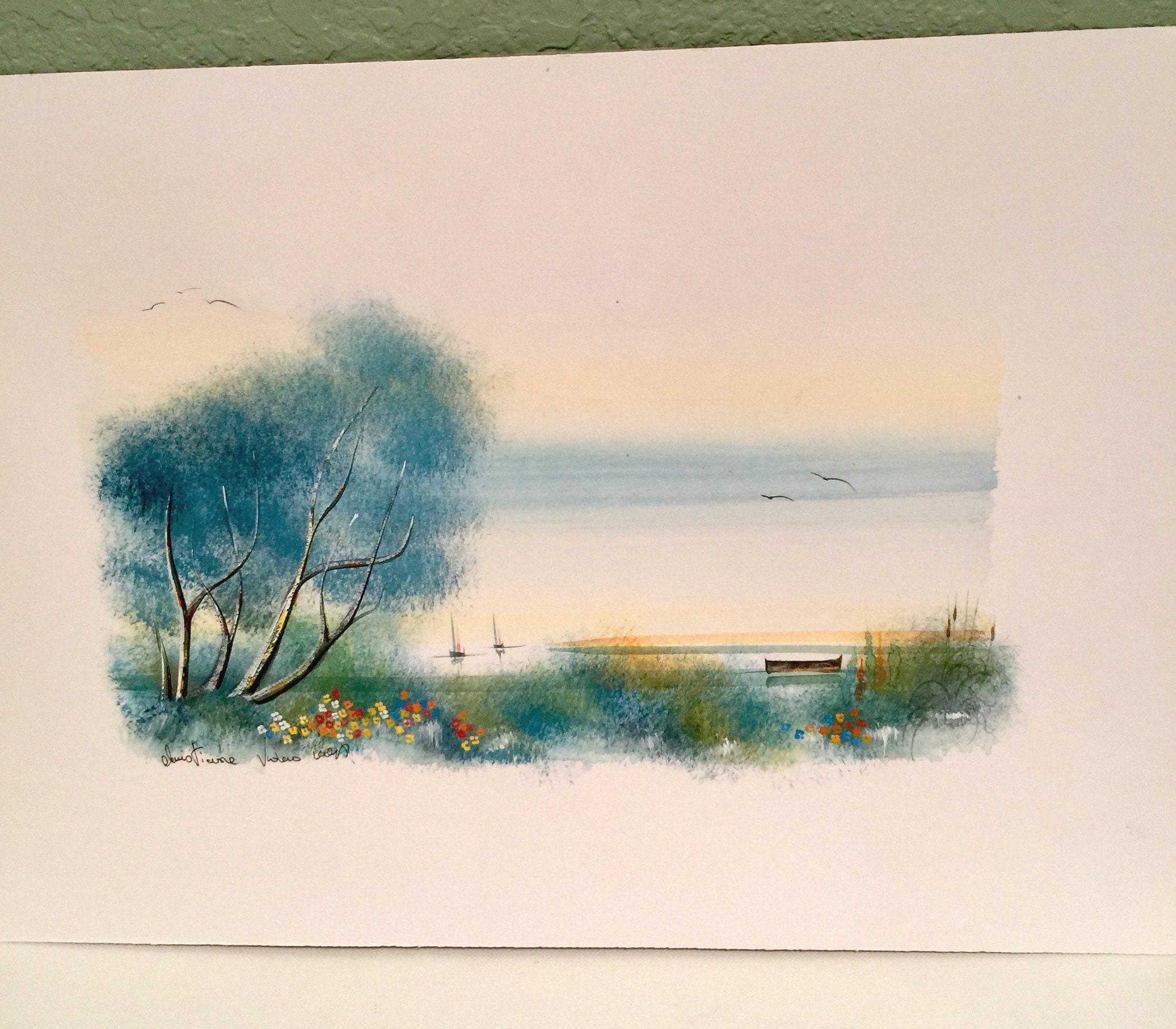 Vintage 1980s Pair of French Watercolor Paintings River Scenes