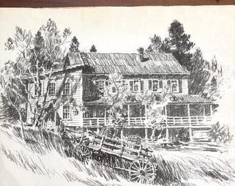 1960's Charcoal Prints, Historic Vineyard House, Coloma, CA by George Mathis 1909-1977