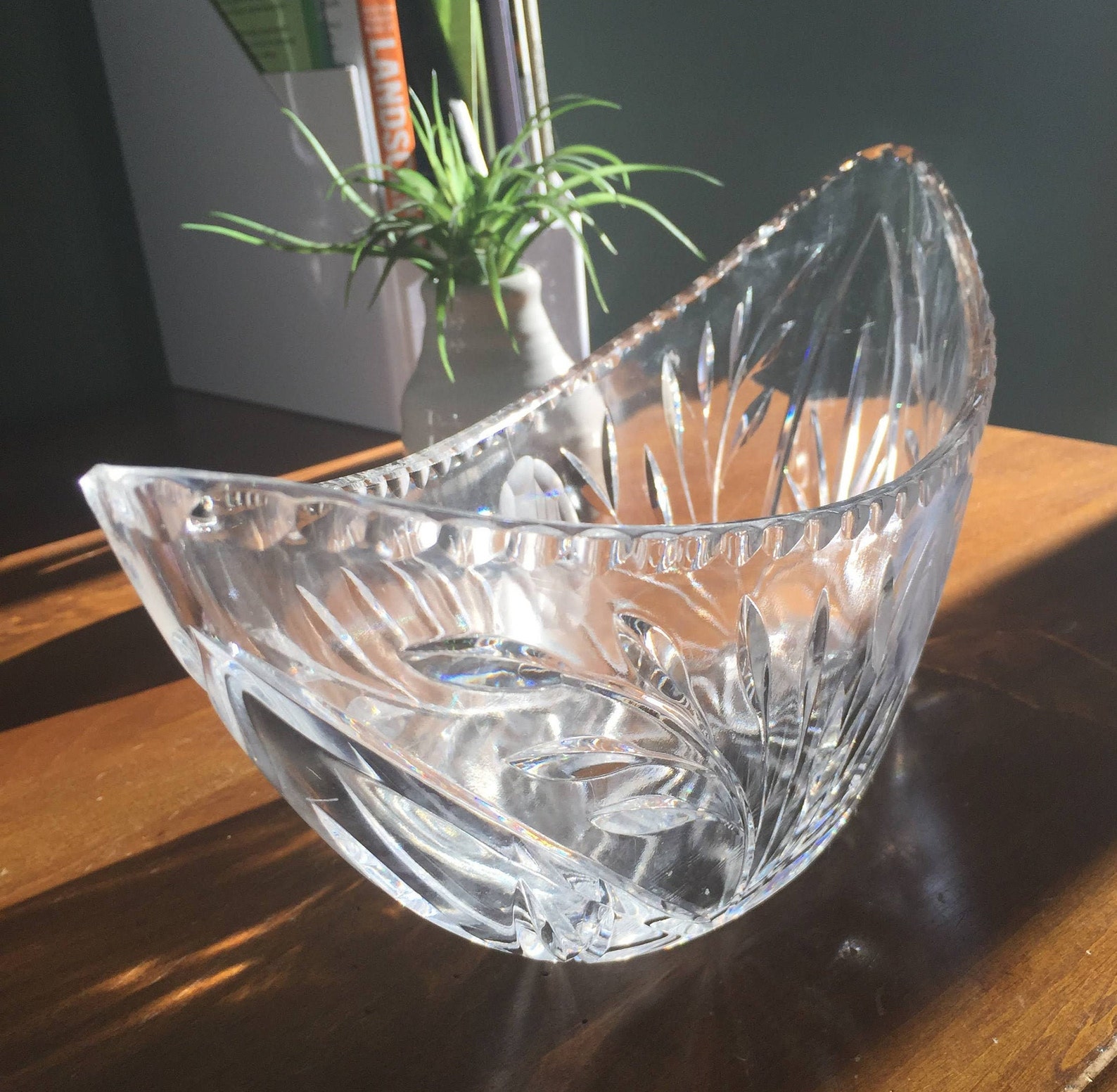 Vintage Etched and Cut Crystal Boat Shaped Vase Circa Etsy