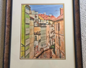 Vintage Framed Art -  Colorful Prague City Scene.  Double Matted.