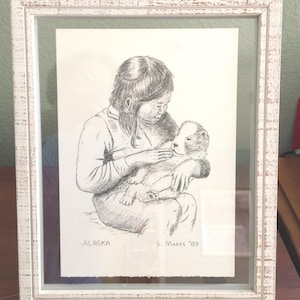 Charcoal Drawing, Alaskan Inuit Girl Holding Husky Puppy.  Signed S. Marks 1989.