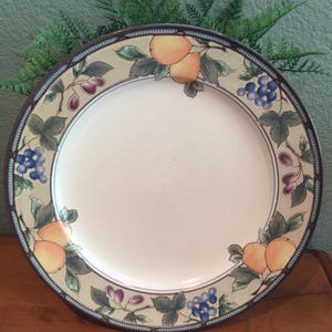 Könnte beinhalten: Ein weißer Keramik-Dinnerteller mit braunem Rand und einem farbenfrohen Fruchtdesign. Das Design zeigt Trauben, Birnen und Blätter in Grün-, Blau-, Lila- und Orangetönen.