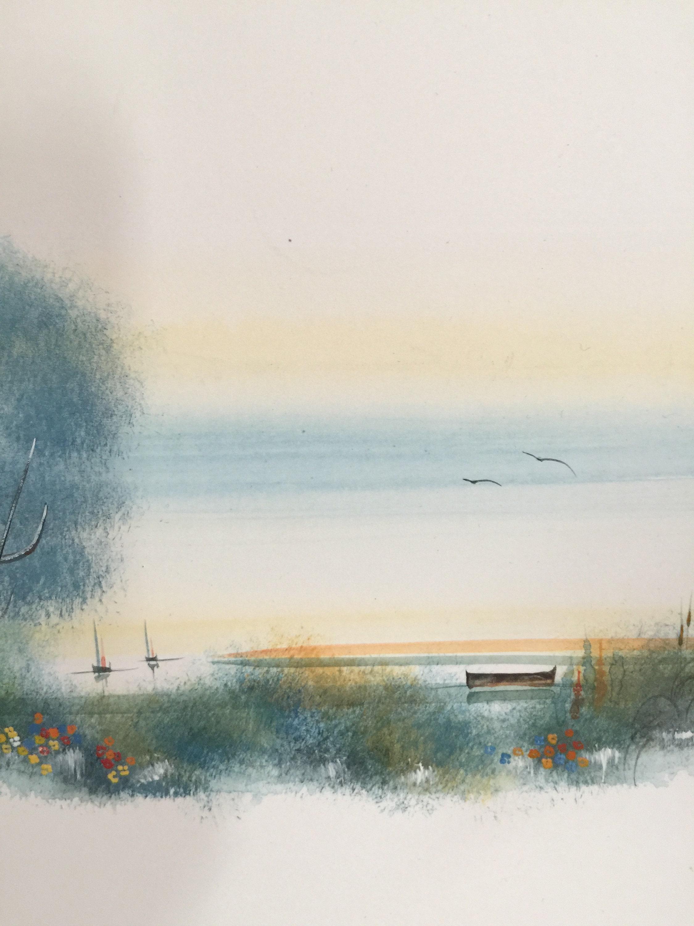 Vintage 1980s Pair of French Watercolor Paintings River Scenes