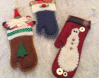 Vintage Handmade in USA Heavy Felt Mitten Christmas Ornaments - Set of 3.  Circa 1980s