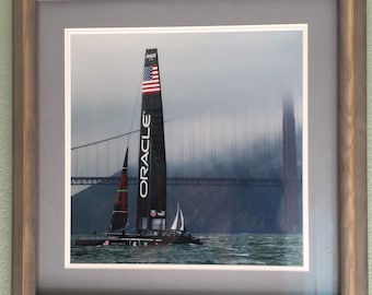 Vintage Framed Print Sailing on San Francisco Bay.  Oracle Sail Boat.
