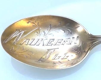Antique Sterling Silver Souvenir Spoon, Waukegan, Illinois.  Dated 1909
