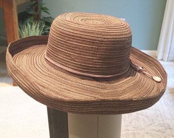 Vintage August Brand Ladies Brimmed Hat.  Multi Brown and Gold Colors with Leather Hat Band.  Circa 1990s