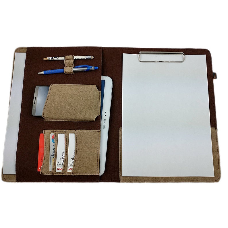 DIN A4 Organizer Tasche Einband mit Halteklammer Hülle Schutzhülle Tablet Handy, Braun Cappuccino Bild 4