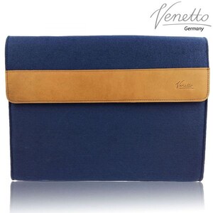 DIN A4 d’affaires serviette serviette hommes femmes unisexe sac pour ordinateur portable sac feutre noir avec applications de cuir Blau