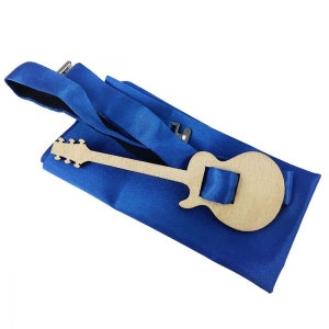 Extravagant and unique wooden fly with tie-in towel bow fly men's wooden bow tie with guitar music motif, blue image 1