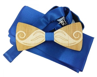 Extravagant wooden fly bow bow tie for men fly mustache motif, blue