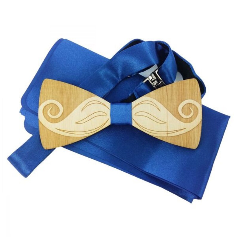 Extravagant wooden fly bow bow tie for men fly mustache motif, blue image 1