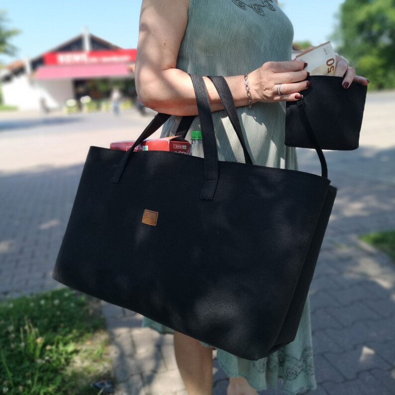 Big shopper large ladies bag handbag felt bag shoulder bag shopping handle bag felt handle shopping black image 3