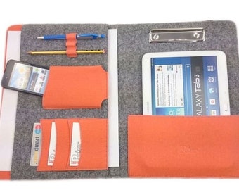 DIN A4 Organizer Einband mit Halteklammer Tasche Hülle für Tablet eBook smartphone, Grau Orange