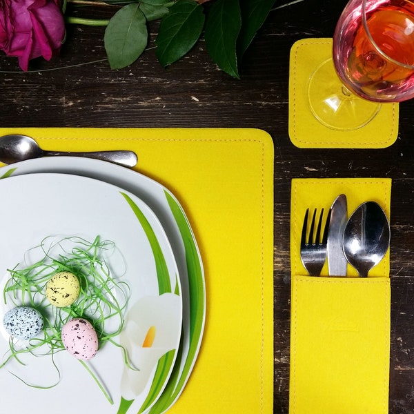 4-er Platzmatten Tischmatten Tischschoner Untersetzer Tassendecken Bestecktaschen Tischdecken Tischdeko aus Filz Gelb
