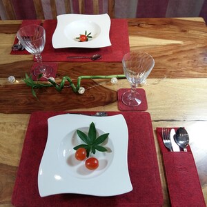 2-er tableset coaster table decoration Placeset mat cutlery pocket tablecloths table decorations made of felt, red mottled image 4