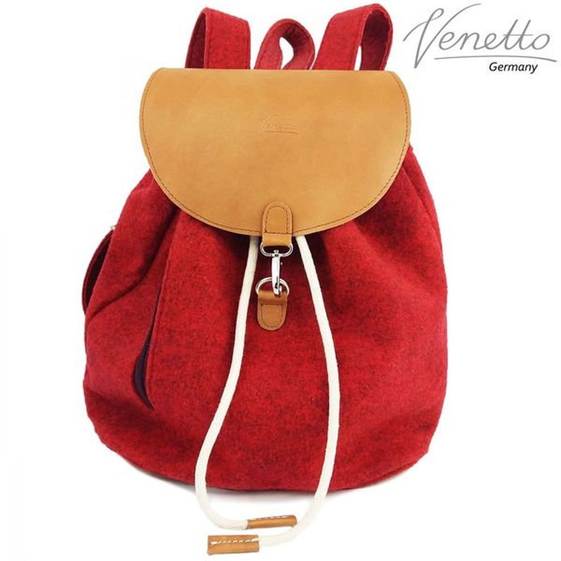 Venetto fieltro mochila mochila hecha de fieltro y elementos de cuero muy ligero, moteado rojo imagen 3