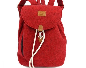 Designer backpack felt backpack hand luggage bag with leather applications very light backpack unisex, red