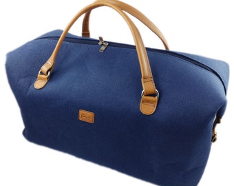 Hand luggage bag, business bag, weekender, felt bag, felt and leather, blue