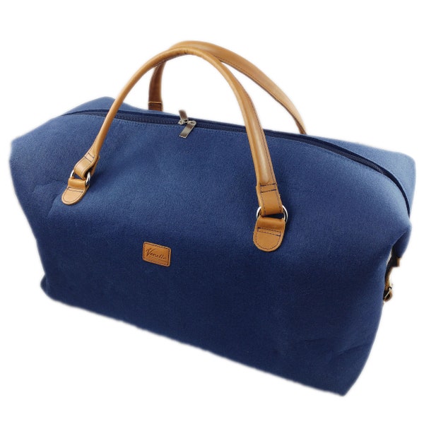 Hand luggage bag, business bag, weekender, felt bag, felt and leather, blue