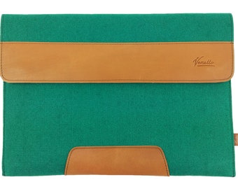 13.3" für MacBook, Surface Hülle Tasche Filztasche Schutzhülle aus Filz und Leder Ledertasche Etui Sleeve Case Grün dunkel