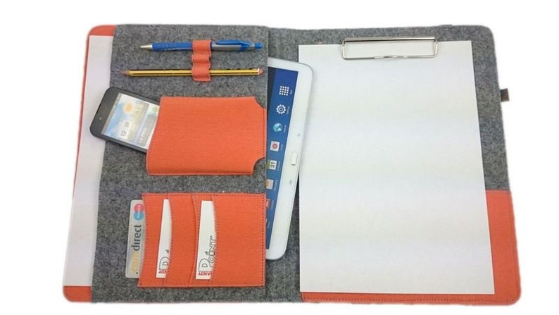 DIN A4 Organizer Einband mit Halteklammer Tasche Hülle für Tablet eBook smartphone, Grau Orange Bild 2