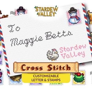 Peut inclure: Une lettre blanche en point de croix adressée à Maggie Betts, avec le texte et le logo "Stardew Valley". La lettre est entourée de timbres pixelisés représentant divers personnages et objets du jeu. La bannière indique "Cross Stitch".