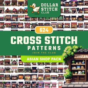 Puede incluir: Una colección de 624 patrones de punto de cruz con diseños de tiendas asiáticas. La imagen incluye una pancarta verde con el texto "CROSS STITCH PATTERNS" y "ASIAN SHOP PACK". Un logotipo de pato pixelado está en la esquina superior izquierda.