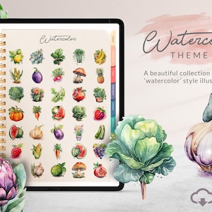 May include: A digital planner page with a watercolor theme. The page is filled with illustrations of various fruits, vegetables, and other food items. The text "Watercolor Theme" is at the top of the page.