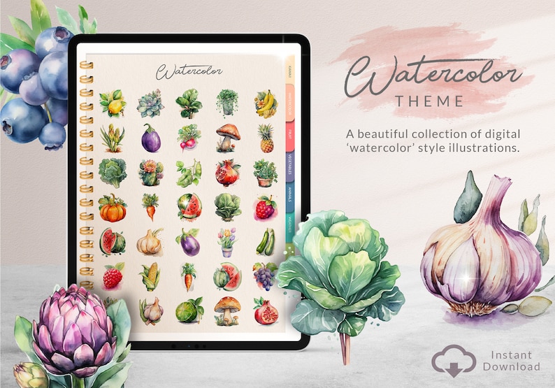 May include: A digital planner page with a watercolor theme. The page is filled with illustrations of various fruits, vegetables, and other food items. The text "Watercolor Theme" is at the top of the page.