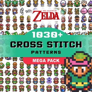 Op de afbeelding: Een verzameling gepixelde kruissteekpatronen met personages uit The Legend of Zelda. De afbeelding bevat de tekst "1030+ Cross Stitch Patterns Mega Pack" in een groene en rode banner, met een gepixelde Link-personage.