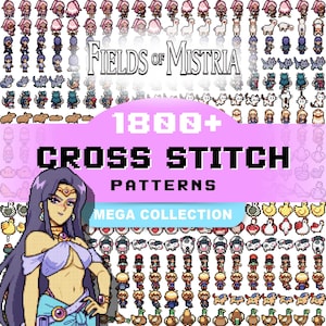 May include: A digital image showcasing a vast collection of pixelated cross-stitch patterns. The image includes the text "Fields of Mistria" and "1800+ CROSS STITCH PATTERNS MEGA COLLECTION". A woman with long purple hair is in the foreground.