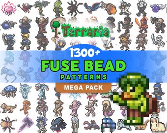 May include: A collection of pixel art characters and creatures from the game Terraria. The image includes the text "Terraria" and "1300+ Fuse Bead Patterns Mega Pack" in green and white text on a blue background. A green turtle-like character is in the lower right.