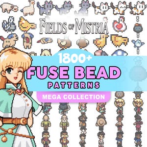 Può includere: Immagine digitale con una collezione di modelli di perline fuse pixelati. L'immagine include il testo "Fields of Mistria" e "1800+ Fuse Bead Patterns Mega Collection". Una donna dei cartoni animati con i capelli biondi e un abito turchese è a sinistra.