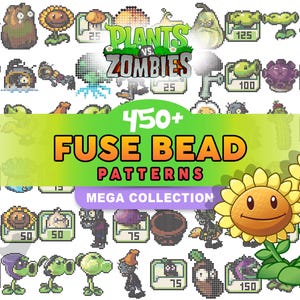 Può includere: Una collezione di modelli di perline a fusione pixelati con personaggi di Plants vs. Zombies. L'immagine include vari disegni di piante e zombi, insieme al testo "450+ FUSE BEAD PATTERNS MEGA COLLECTION". La tavolozza dei colori è vibrante, con verdi, gialli e blu.