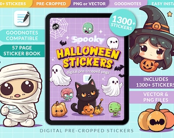May include: A digital sticker book with 1300+ Halloween themed stickers. The stickers are pre-cropped and come in PNG and vector formats. The book includes a variety of spooky characters, including ghosts, mummies, pumpkins, and a black cat. The book is compatible with Goodnotes.