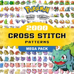 Puede incluir: Imagen con numerosos personajes Pokémon pixelados. El texto "2000 CROSS STITCH PATTERNS MEGA PACK" aparece en una pancarta amarilla. Los Pokémon son de diversos colores y diseños, perfectos para bordar.