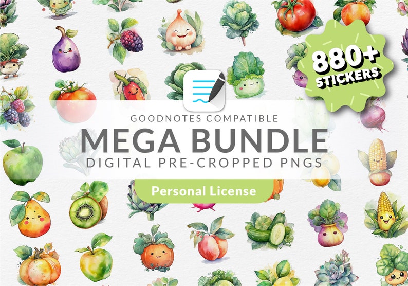 May include: A digital sticker bundle featuring over 880 watercolor illustrations of fruits, vegetables, and other food items. The stickers are compatible with Goodnotes and are pre-cropped PNGs. The bundle includes a personal license.